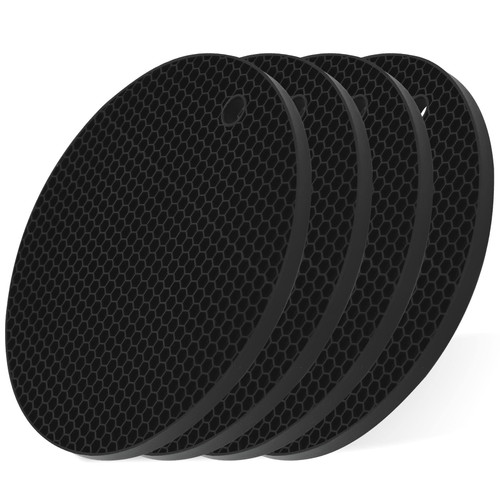 Smithcraft Silicone Trivets for Hot Dishes Pots & Pans, Non Slip Hot Pads for Kitchen, Silicone Mats for Kitchen Counter, Waterproof Trivet Mat, Counter Top Pot Holders, Heat Resistant Mat Set 4 Black
