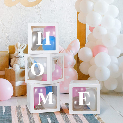 Mocoosy 4Pcs Clear Balloon Boxes with 27 Letters and 40 Balloons, Transparent Baby Box Blocks for Baby Shower Gender Reveal Birthday Party Prom Cardboard Boxes Decorations