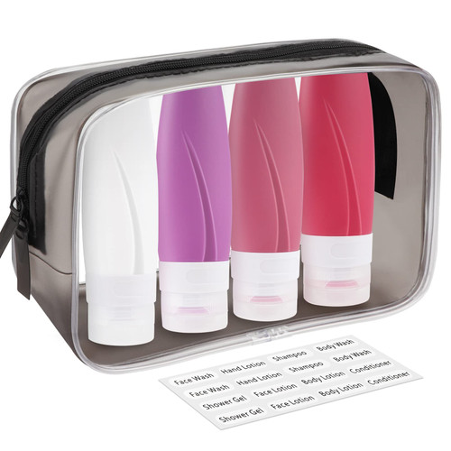 INSFIT Portable Travel Bottles TSA Approved, 3oz Leak Proof BPA Free Silicone Cosmetic Travel Size Toiletry Containers, Squeezable Silicone Tubes, Refillable Bottles for Shampoo 4 Pack Pink