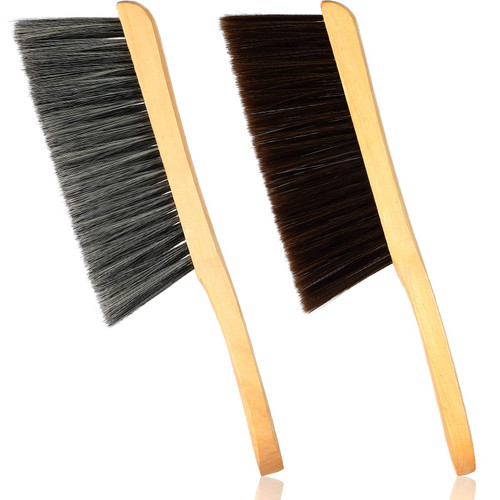 2 Pieces Wooden Bench Brushes Fireplace Brush Horse Hair Bench Brush Soft Bristles Long Wood Handle Dust Brush for Hearth Tidy Car Home Workshop Woodworking (Gray, Brown)