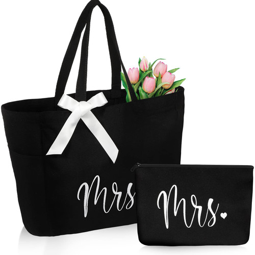 Cunno Bride Bag with Makeup Bag, Mrs Tote Bag, Bridal Shower Gifts for Bride, Wedding Bachelorette Bride Gifts, MRS Polyester Tote Bag and Zipper Cosmetic Bag for Women Miss to Mrs