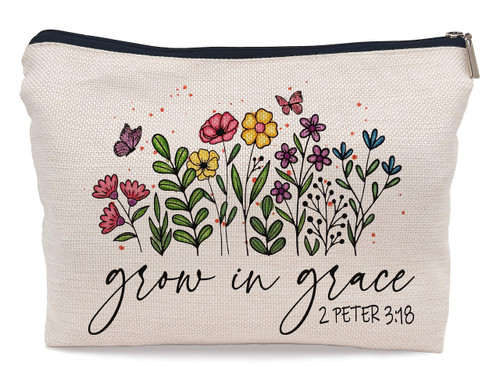 Ayxvt Christian Bible Scripture 2 Peter 3:18 Grow in Grace Colorful Flower Makeup Bag Decorative Women's Cosmetic Bag Zipper Pouch Travel Toiletry,Christian Gifts for Women Faith