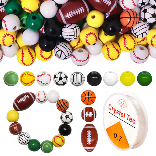 Hzloyat 120 Pcs Sports Wooden Beads, 16mm Wooden Sports Beads with Football Volleybal Rugby Baseball Basketball Tennis Soccer Sports Beads for Jewelry Making Necklace Bracelet Pendants DIY Crafts