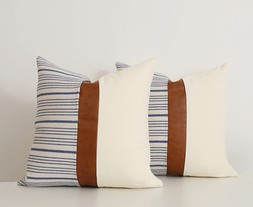Throw Pillow Covers 16 x 16 Inch Farmhouse Pillow Covers,Cotton Tan Faux Leather Square Home Decorative Pillow Case, Set of 2 Stripes Textured Linen Throw Pillow Case for Sofa Couch Chair Bedroom