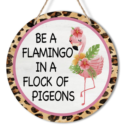 Yuzi-n Be a Flamingo Leopard Round Wreath Sign for Front Door, 10" Circle Sign for Wreaths, Rustic Flamingo Wooden Wreath Hanging Sign Plaque Wood Door Hanger Wall Decor
