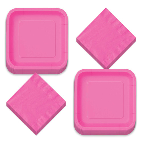 Solid Hot Pink Square Shaped Paper Dinner Plates and Luncheon Napkins, Hot Pink Party Supplies and Table Decorations (Serves 14)