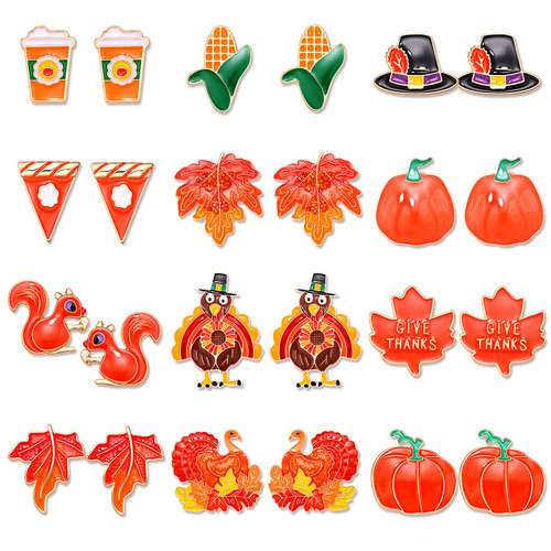 12 Pairs Fall Earrings for Women, Thanksgiving Earrings Set Harvest Pumpkin Turkey Maple Leaf Dangle Earrings Autumn Party Earrings Holiday Gifts (12 Pairs Studs)