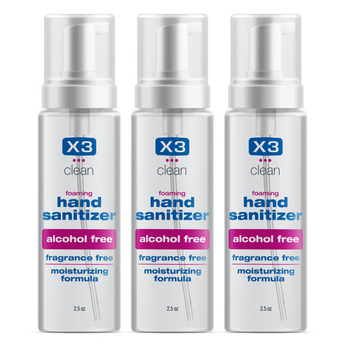 X3 Clean Foaming Hand Sanitizer, Alcohol Free and Fragrance Free, Kills 99.9% Germs, Moisturizing Formula, Travel Size 2.5 oz (3 Pack) X3 Clean Foaming Hand Sanitizer, Alcohol Free and Fragrance Free, Kills 99.9% Germs, Moisturizing Formula, Travel Size 2.5 oz (3 Pack)