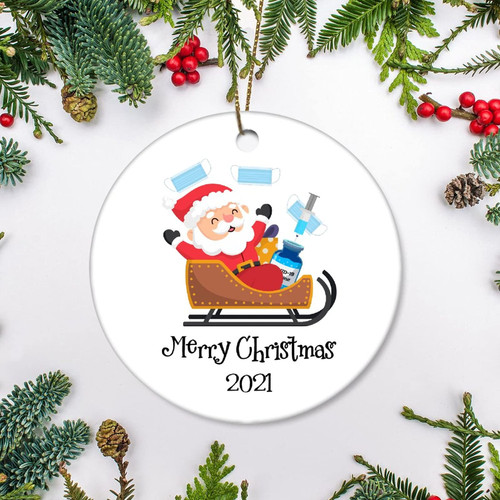 Christmas Ornament 2021 Santa Claus Merry Christmas Xmas Ornament Tree Decoration Funny Keepsake for Family Friend Memento Round Ceramic Souvenir 3 inch