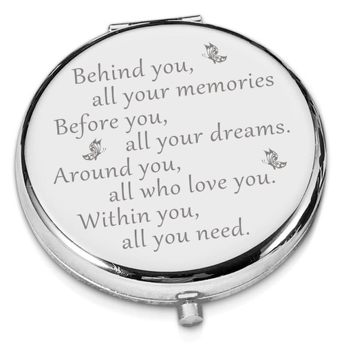 LRUIOMVE Going Away Gift Inspirational Sliver Engraved Travel Makeup Mirror, Compact Pocket Cosmetic Mirror for Coworker Boss Woman Friends Birthday Leaving Graduation Gift