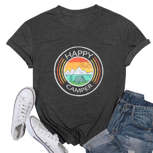 Happy Camper Shirt for Women Funny Hiking Camping T-Shirt Mountain Graphic Tee Adventure Tshirts Nature Lover Gift Tops Dark Gray Happy Camper Shirt for Women Funny Hiking Camping T-Shirt Mountain Graphic Tee Adventure Tshirts Nature Lover Gift Tops Dark Gray
