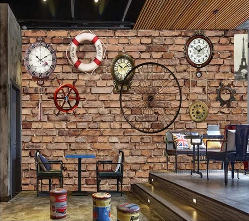 Custom Size Wall Murals,Brick Wall Retro Mechanical Clocks?Removable Peel and Stick Self-Adhesive Wall Murals Large Photo Wallpaper