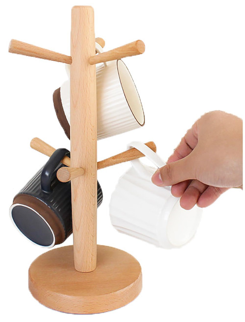 GOJAKO 12" Wooden Mug Holder Tree with 6 Hooks Wood Cup Rack Tea Coffee Bar Organizer Accessories Mug Hanger Stands for Kitchen Counter and Display Dinnerware Storage and Dry (Round Bottom)