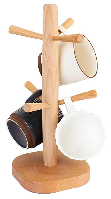 GOJAKO 12" Wooden Mug Holder Tree with 6 Hooks Wood Cup Rack Tea Coffee Bar Organizer Accessories Mug Hanger Stands for Kitchen Counter and Display Dinnerware Storage and Dry (Square Bottom)