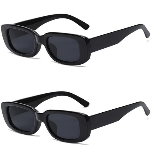 Tskestvy 2 Pack Square Rectangle Sunglasses for Women Men Y2K Retro Trendy Vintage Glasses 90S Cute Aesthetic (Black and Black)