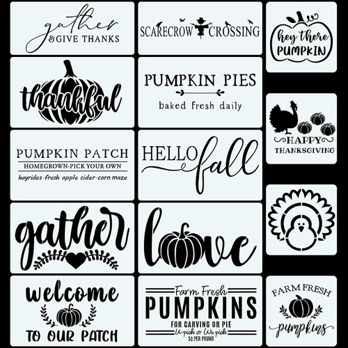 CINPIUK 14PCS Fall Stencils Painting on Wood, Reusable Thanksgiving DIY Farmhouse Wood Signs Hello Fall Gather Farm Fresh Pumpkin Turkey Templates for Home Decor Halloween Art Crafts, Assorted Sizes