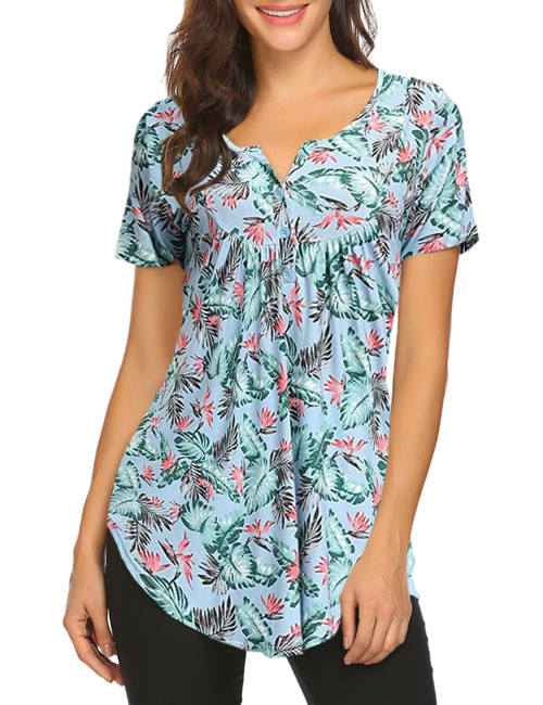 Halife Women's Floral Printed Short Sleeve Henley V Neck T-Shirt Pleated Casual Flowy Tunic Blouse Tops Leaf Light Blue L
