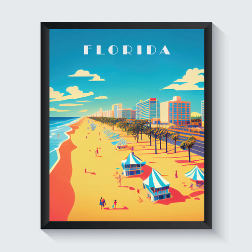 Florida Retro Beach Art Print, Florida Poster Wall art Decor, Florida State Map Travel Poster, Home Office Wall Decoration, Bedroom, Living Room Artwork. Unframed. (Florida L, 11x14 inches)