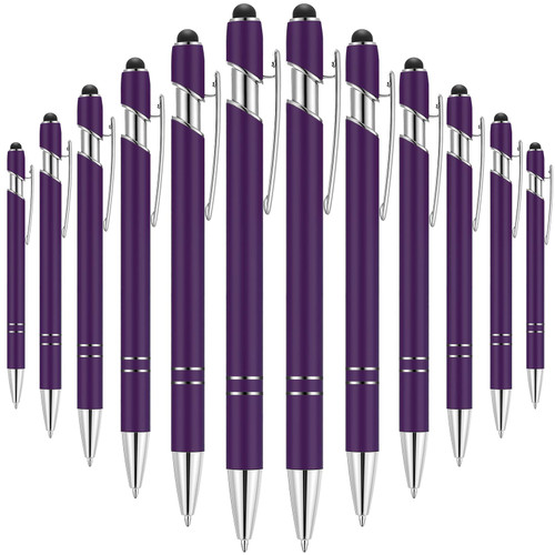 12 Pieces Ballpoint Pen with Stylus Tip, 1.0 mm Black Ink Metal Pen Stylus Pen for Touch Screens, 2 in 1 Stylus Ballpoint Pen (Purple and Silver)