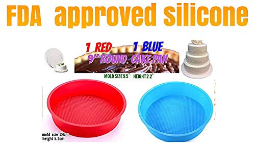 Set of 2, 9-Inch Round Cake Pan silicon cake molds for baking 9-inch Baking Cake Mold silicone cake pan silicon cake baking pans round bread pans for baking 9.5 x 2.25-Inches (1, red and 1 blue)
