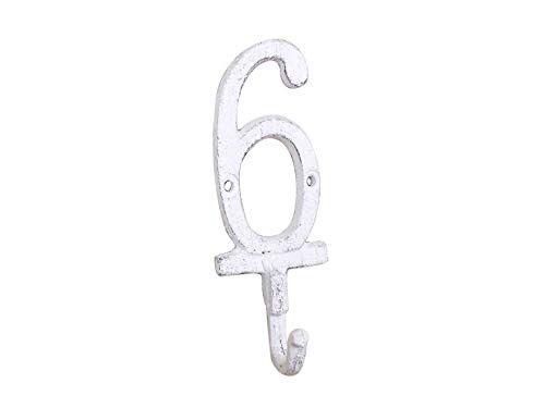 Hampton Nautical Whitewashed Cast Iron Number 6 Wall Hook 6" - Metal Wall Hanging - Decorative C