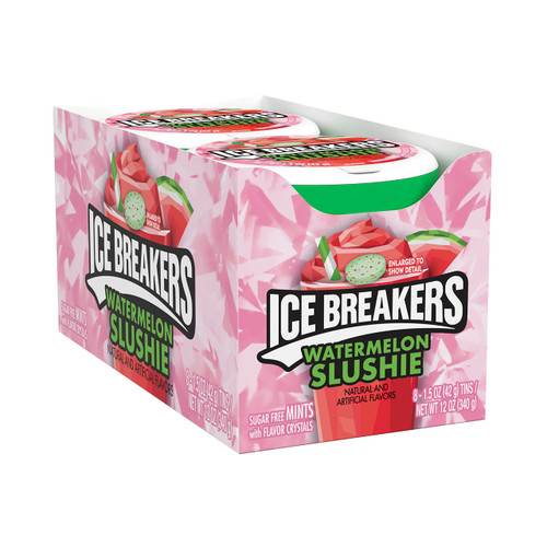 ICE BREAKERS Watermelon Slushie Flavored, Fruit Flavored Candy Sugar Free Breath Mints Tins, 1.5 oz (8 Count) ICE BREAKERS Watermelon Slushie Flavored, Fruit Flavored Candy Sugar Free Breath Mints Tins, 1.5 oz (8 Count)