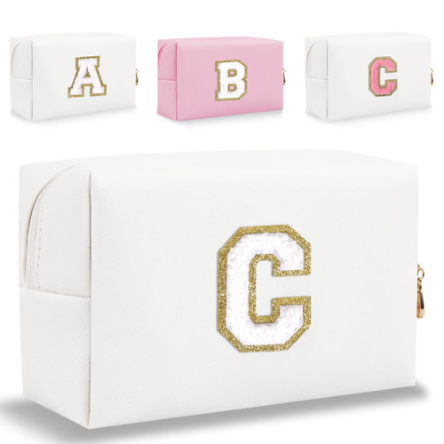 Small Personalized Initial Letter Makeup Bag, Cute Waterproof PU Leather Chenille Letter Cosmetic Bag Travel Makeup Bag, Preppy Makeup Pouch Toiletry Zipper Pouch Organizer for Women and Girls(WH-C)