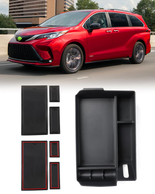 FIILINES Center Console Organizer Compatible with Toyota Sienna 2023 2022 2021 Armrest Storage Box ABS Center Console Tray Sienna Accessories with Black Mats and Red Mats