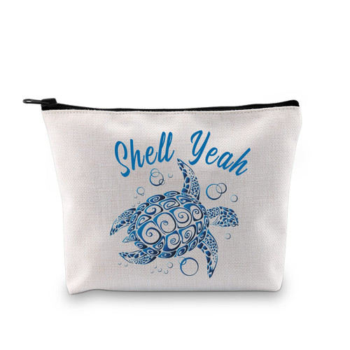 G2TUP Sea Turtle Cosmetic Bag Shell Yeah Turtle Makeup Bag Sea Turtle Lover Gift Beach Life Gift Beach Lover Travel Pouch with Zipper (Shell Yeah White Bag)