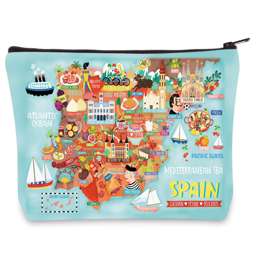 LEVLO Spain Map Cosmetic Bag Spain Travel Souvenir Gift Spain Travelling Culture Themed Zipper Pouch Bag Spain Long Distance Relationship Gift (SPAIN)