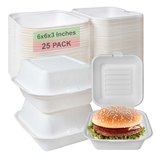 Compostable Square Hinged Clamshell Take Out Food Containers 6x6 - Heavy Duty Quality Disposable to go Containers, Single Compartment Eco-Friendly Takeout Box, Bagasse Fiber Biodegradable Containers with Lids for Takeout, Parties, Restaurants, Food T