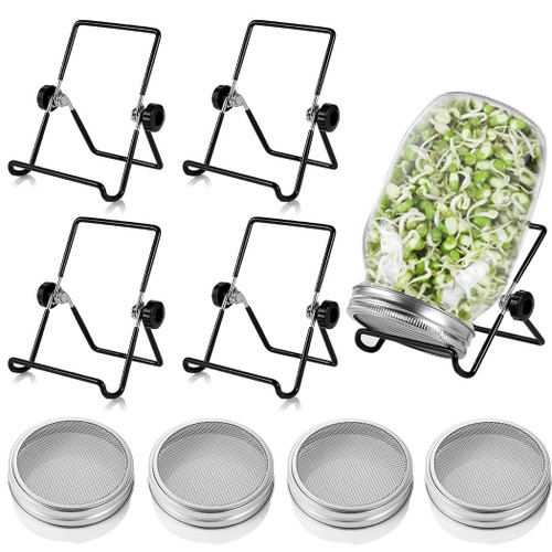 Homaisson 4 Packs Sprouting Jar Lids Sprouting Stand, Stainless Steel Mason Sprouting Jar Lids with 4 Jar Stands, 3.39inch Breathable Wide-Mouth Sprouting Jar Lids for 3.39inch Mason Jars, Grow Bean Sprouts, Broccoli Seeds, Alfalfa,