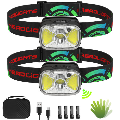 Freeduty Headlamp Rechargeable, 2 Pack 1500 Lumen Bright LED Head Lamp Flashlight with White Red Motion Sensor, 7 Modes, IPX65 Waterproof Camping Headlight Outdoor Hiking Fishing Running Cycling