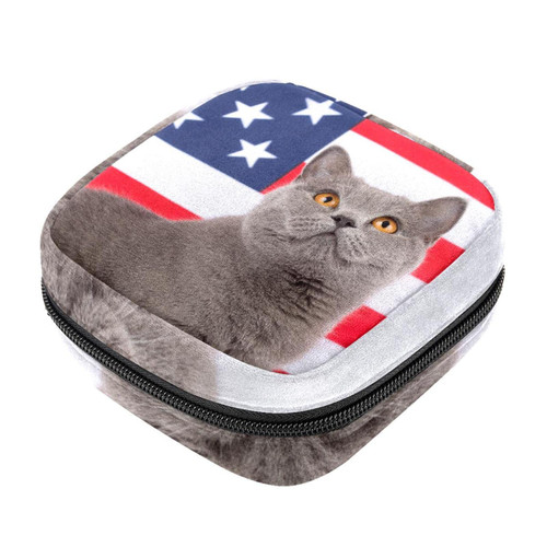 Makeup Bag American Flag Cat Animal Cosmetic Bag Makeup Pouch Travel Toiletry Bag Organizer Storage Bag for Women Girls