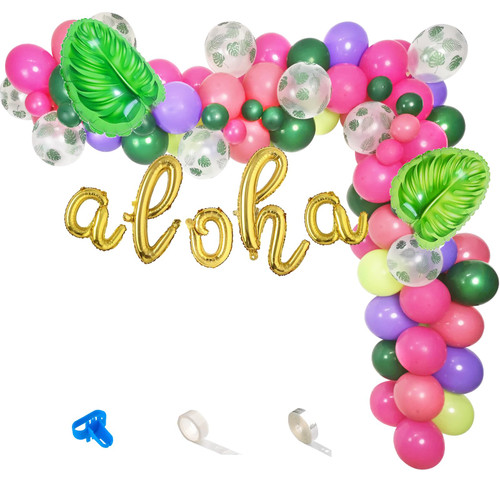 Hawaiian Luau Tropical Balloon Garland Kit, Hot Pink Green Purple Balloons with Aloha Palm Leaf Foil Balloons For Summer Beach Hawaiian Aloha Moana Birthday Baby Shower Party Decorations