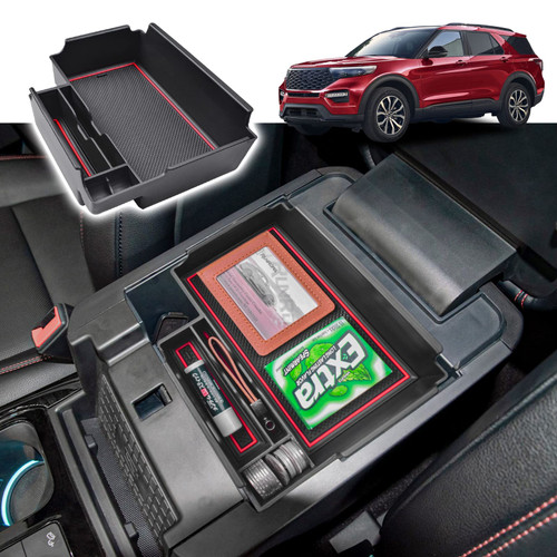 RUNROAD Upgrade Center Console Organizer Tray Compatible with Ford Explorer 2023 2022 2021 2020 Accessories, ABS Armrest Tray Coin Holder Console Dividers Secondary Storage Box Container Tray, Red