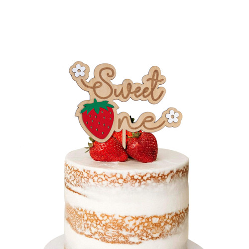 Sweet One 1st/First Birthday Wood Cake Topper -Strawberry themed Party Photo Props, Cake Smash Decoration,One Year Old Baby Shower Party Favor Supplies (Strawberry Wood Cake Topper)
