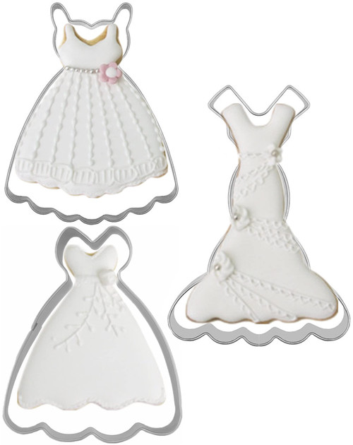 Large Size Dress Shaped Cookie Cutters Set of 3 pcs, Stainless Steel Fondant Cutters: Sleeveless Mermaid Dress 4.7 in 1 pc + Strapless Princess Dress 4.3 in 1 pc + Suspenders Wedding Dress 4.4 in 1 pc