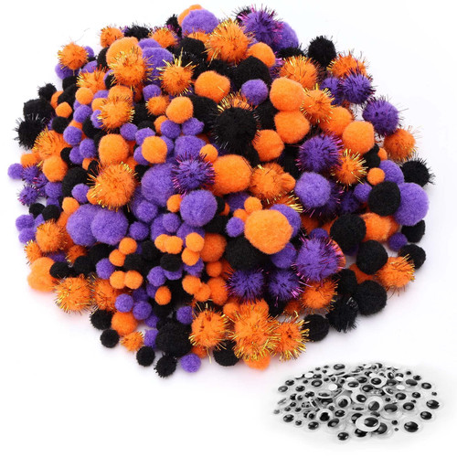 Caydo 600 Pieces Halloween Pom Poms Multi Colors and Assorted Sizes Soft and Fuzzy Balls Glitter Craft Pompoms for Halloween DIY Crafts Projects Decorations