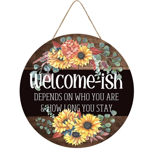 Welcome Sign Welcome-ish Front Door Sign Funny Wreaths Hanging Wooden Plaque Decoration Round Rustic Wood Farmhouse Porch Decor for Home Porch Decor Entryway 12In