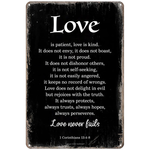 Love Never Fails Wall Art - 1 Corinthians 13:4-8 Bible Verse Scripture Metal Sign - Christian Home Decor for Living Room, Bedroom, Wedding Gift - 8x12 Inch