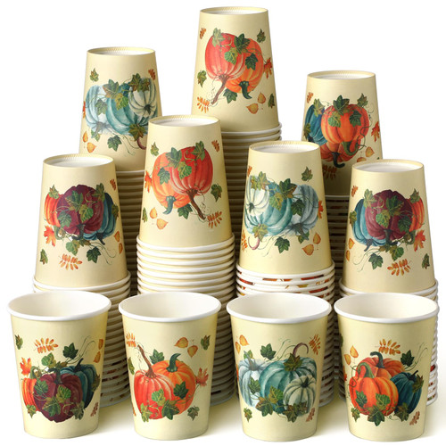 Umigy 100 Pcs 9 oz Fall Disposable Paper Cups Autumn Paper Cup Thanksgiving Party Supplies Pumpkin Maple Leaves Cups for Coffee Juice Hot Cold Drink Thanksgiving Decorations (Cute Pumpkin)