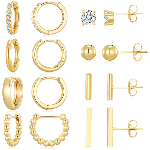 Dreamfox 8 Pairs Huggie Hoop Earrings Small Hypoallergenic 14K Gold Plated Huggie Earrings For Women Simple Huggie Stud Earrings Set For Girls Christmas Gift (one size, Gold-3)