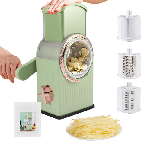 Rotary Cheese Grater with Handle,Potato Slicer, Onion Slicer, Vegetable Shredder, Nut Grinder,Round Mandoline Slicer for Cheese Nut and Vegetables with 3 Stainless Steel Blades(Green)