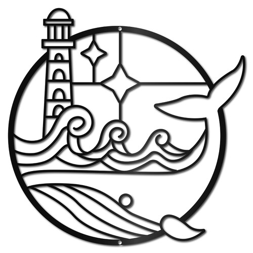 CREATCABIN Lighthouse Wall Decor Whale Black Round Wall Art Signs Ornaments Hanging Sculpture for Home Bedroom Kitchen Garden Housewarming Gift Christmas Holiday Decoration 12 x 12 Inch