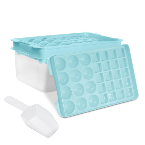 Ice Cube Tray with Lid and Bin, Square Round ice Cube Mold Whiskey ice Mold Cocktail Coffee Ice Cube Tray with Lid and Bin 64 pcs Ice Cubes Molds 2 Blue Ice Tray and Ice Scoop.