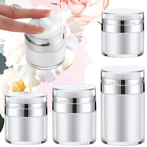 Skylety 4 Pcs Small Cosmetic Cream Jar Empty Airless Pump Jars Sets Travel Airless Pump Bottles for Lotions and Creams Leak Proof Moisturizer Container Pump Dispenser, 0.5oz /1oz /1.7oz /3.4oz, White