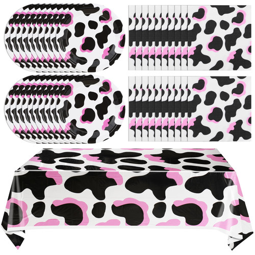 41 Pcs Pink Cow Print Birthday Party Supplies Included 20 Plates 20 Napkins and 1 Tablecloth Cow Theme Party Decorations Tableware for Girl Boy Farm Animal Birthday Baby Shower Decorations