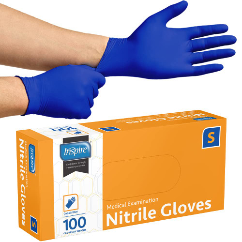 Inspire Cobalt Blue Exam Grade Nitrile Gloves Size Large, Box of 100