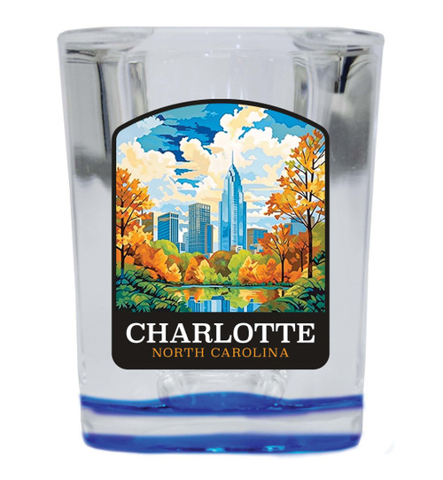 R and R Imports Charlotte North Carolina Design A Souvenir 2.5 Ounce Shot Glass Square Blue Base Single